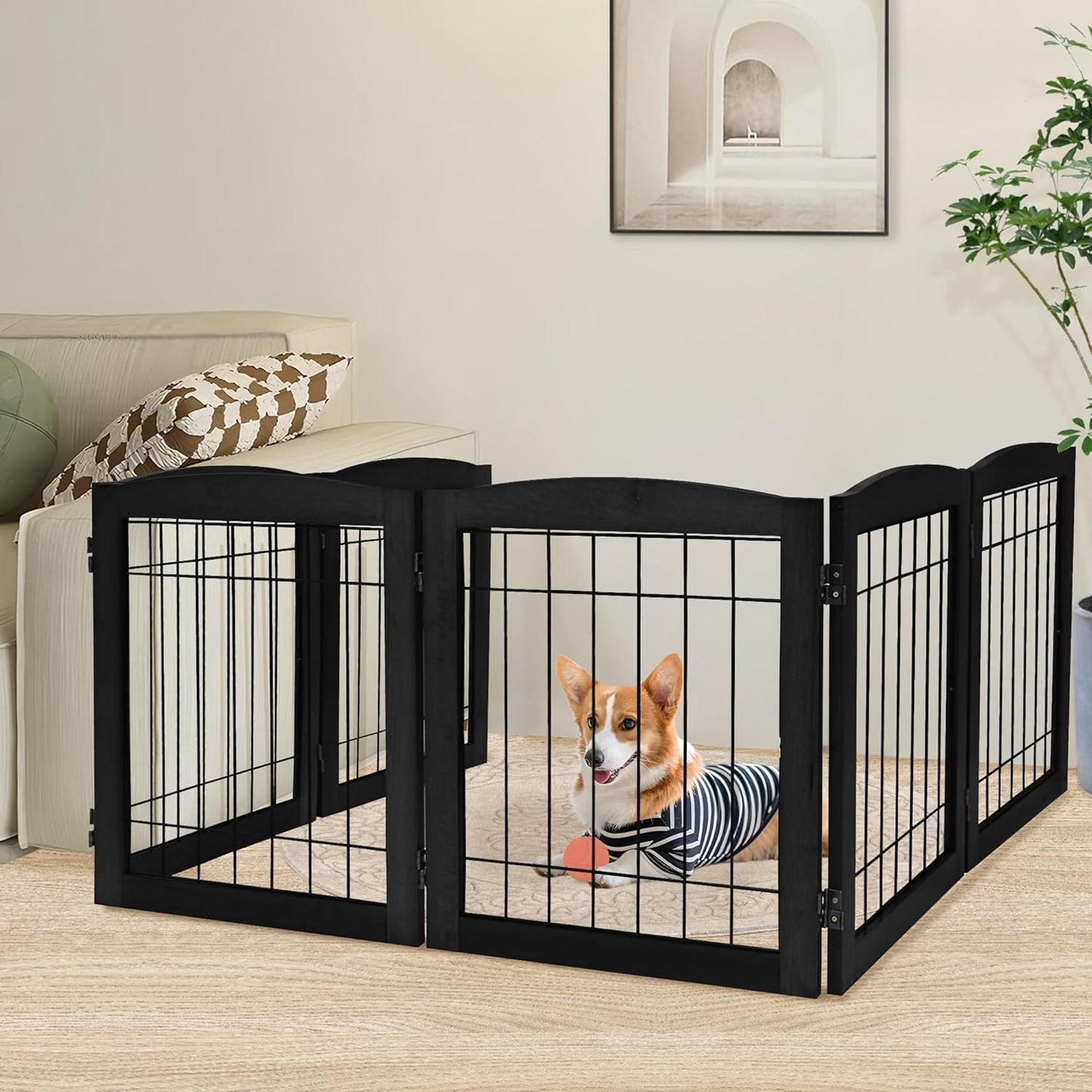 LZRS 6-Panel Extra Wide Wooden Freestanding Dog Gate for Pets
