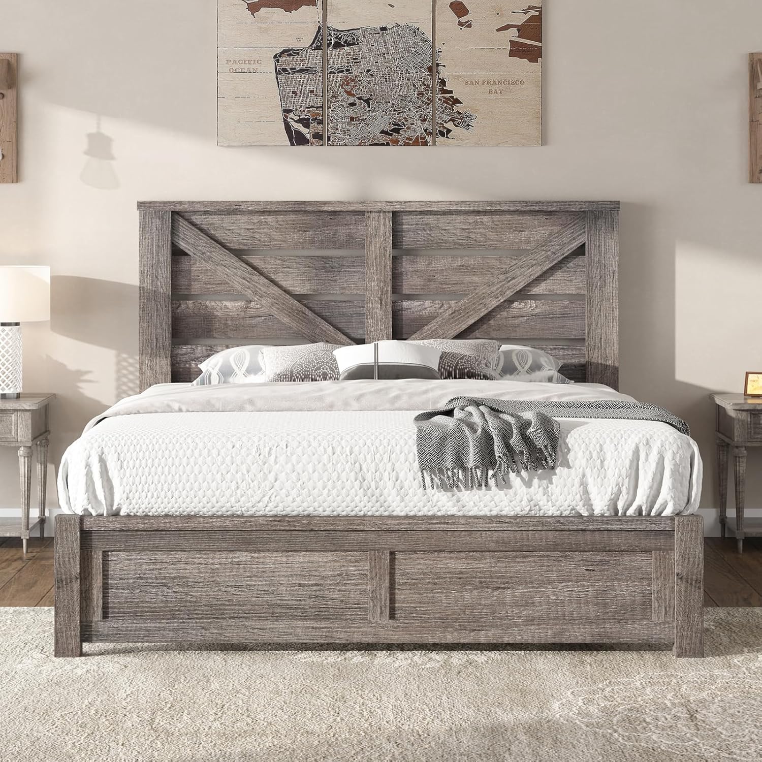 Farmhouse Queen Size Bed Frame with Barn Door Headboard