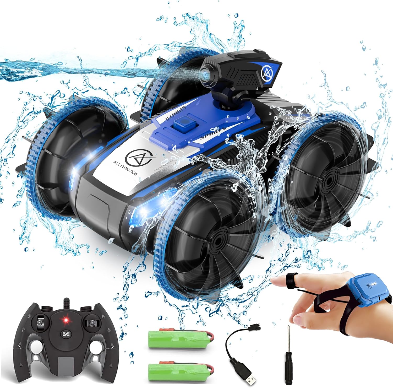Amphibious RC Car: Self-Priming Water Spray, 360 Stunt Rotation, 2 Rechargeable Batteries, Blue