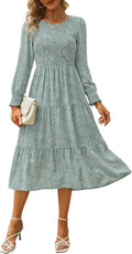 Zattcas Womens Fall Smocked Boho Floral Tiered Midi Dress