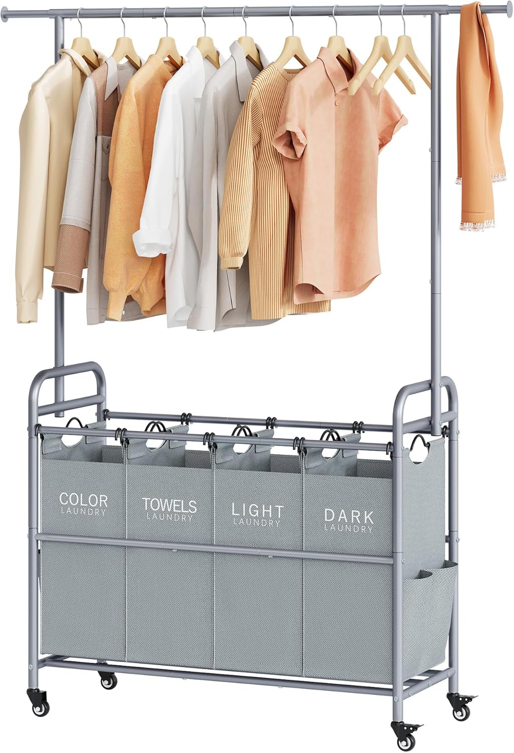 Tajsoon Laundry Sorter with Hanging Bar for Easy Organization