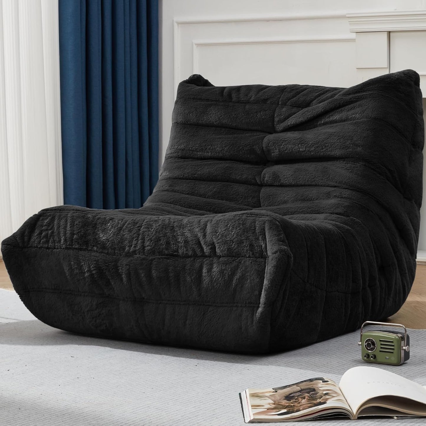 Giant Bean Bag Chair for Adults - Memory Foam Sofa in Black Plush