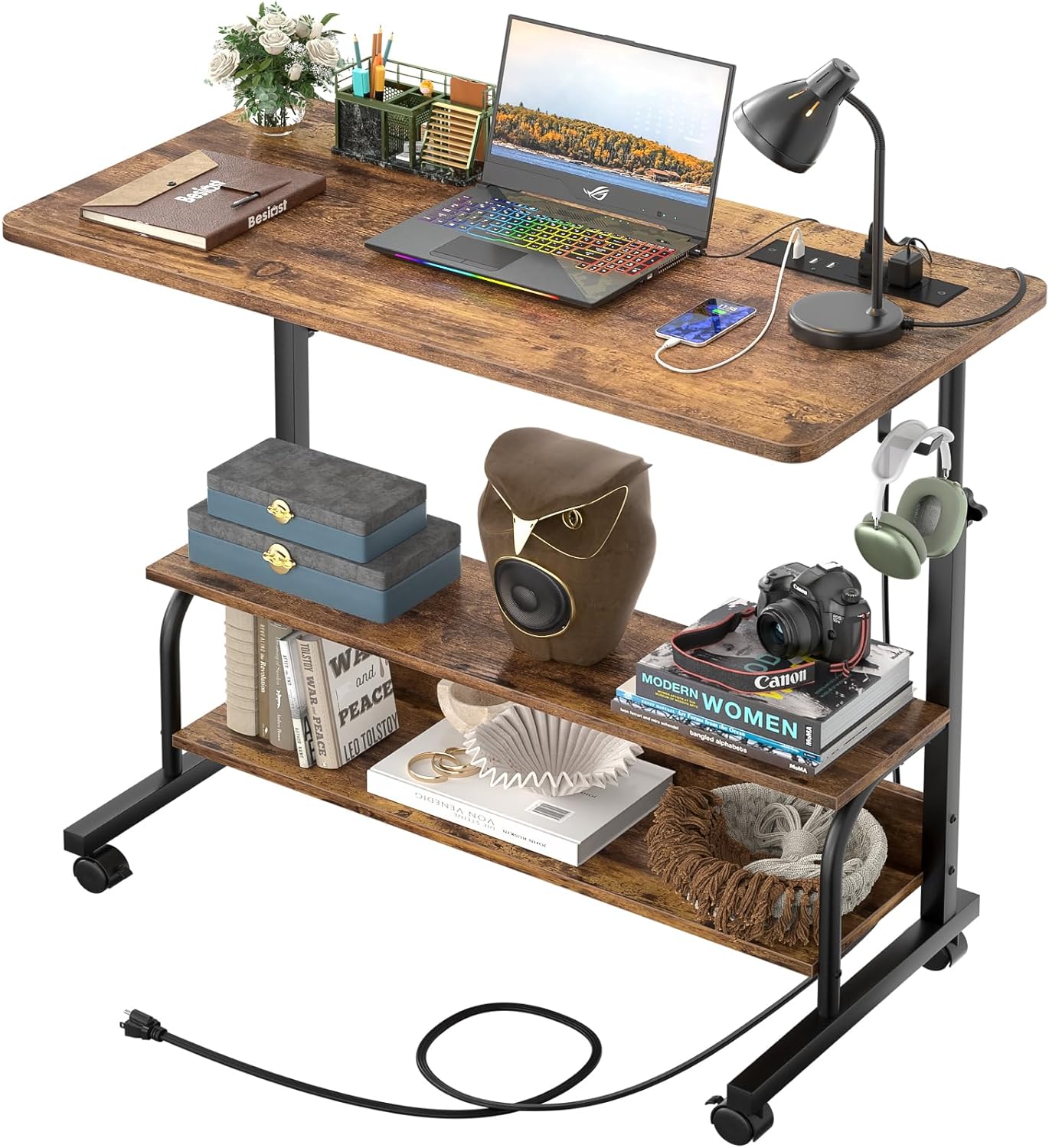 Height Adjustable Standing Desk with Power Outlets - Mobile Laptop Table - Besiost