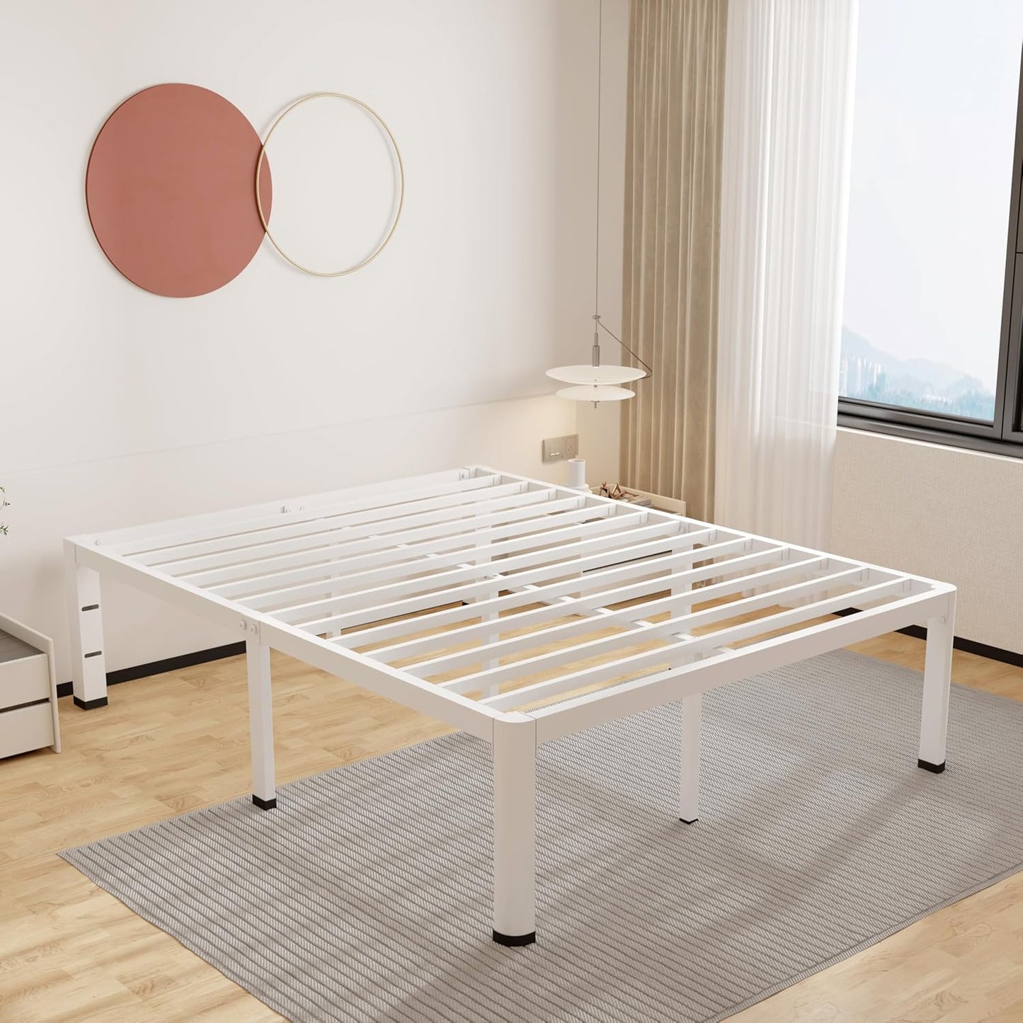 ROIL 14 Inch White King Bed Frame with Rounded Corner Design