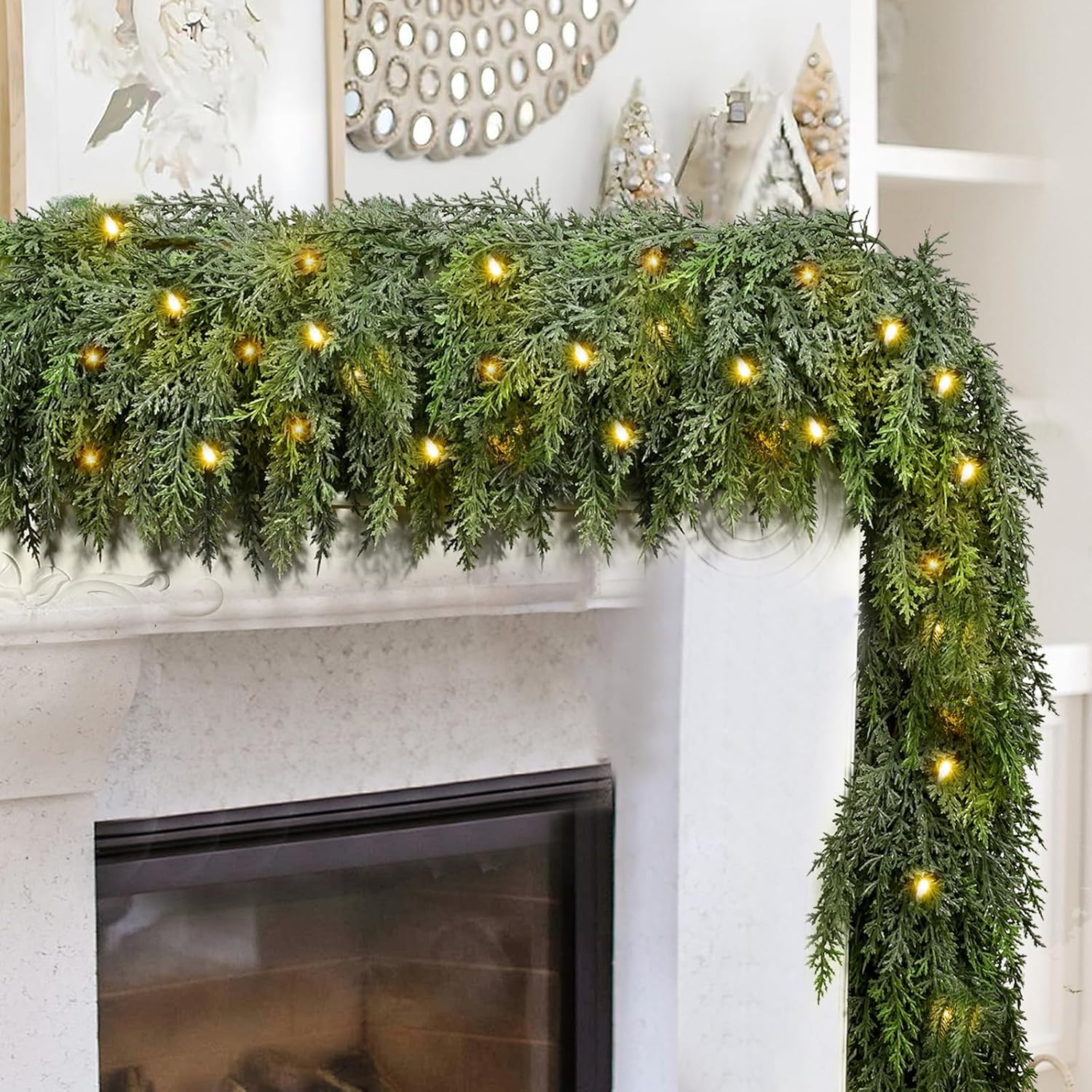 9FT Thick Pre-lit Christmas Garlands with 240 Cedar Branches