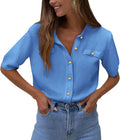 Women's Summer Button Down Ribbed Knit Blouse - Short Sleeve