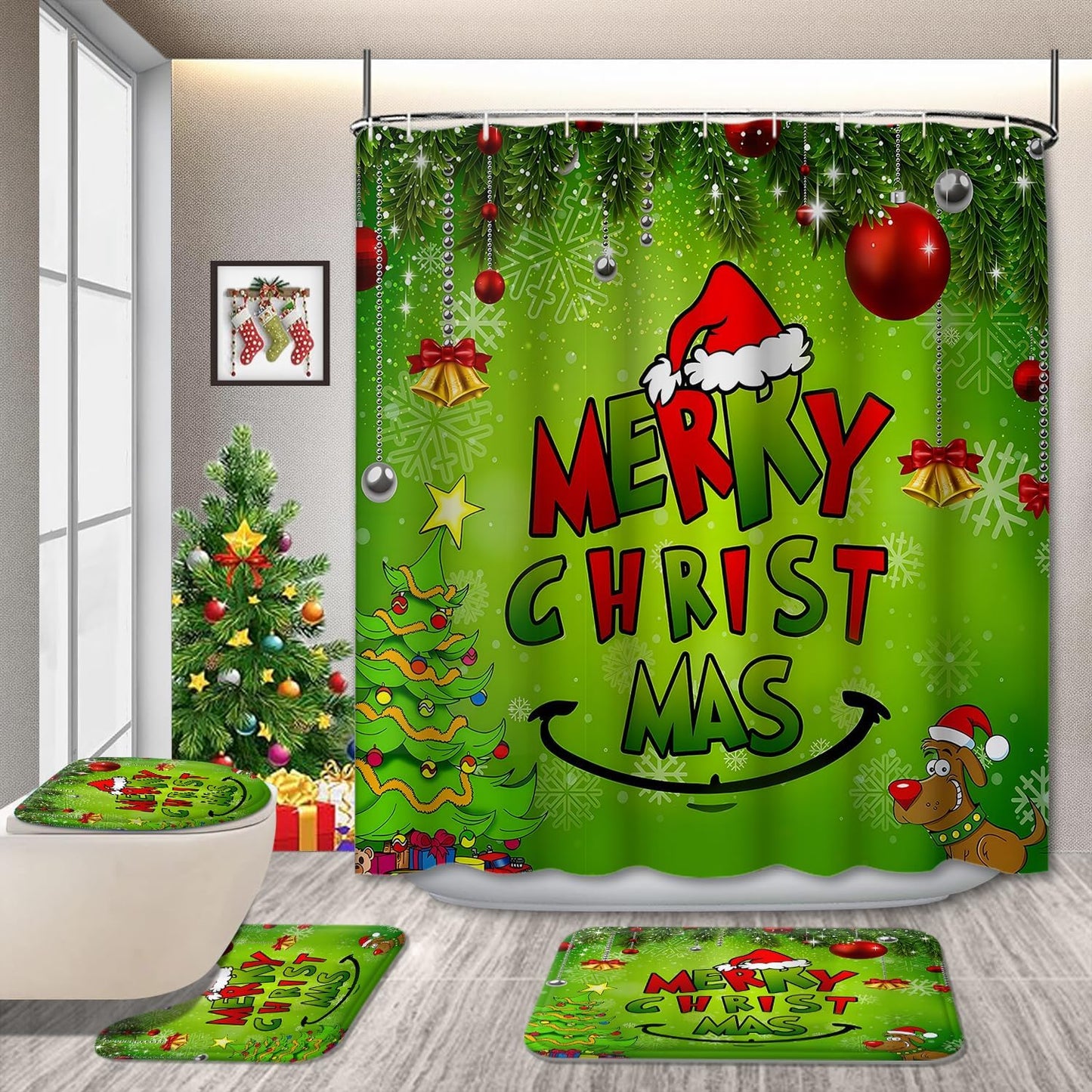 4 Pcs Green Merry Christmas Shower Curtain Sets for Holiday Decor