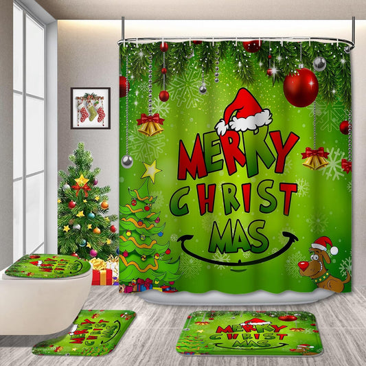4 Pcs Green Merry Christmas Shower Curtain Sets for Holiday Decor