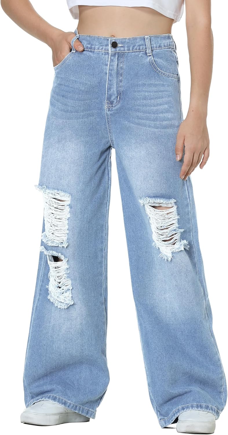 EXARUS Girls Baggy Jeans Wide Leg Ripped Denim for Teens