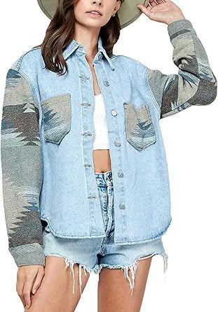 Lumister Women's Aztec Denim Jacket for Vintage Style Lovers