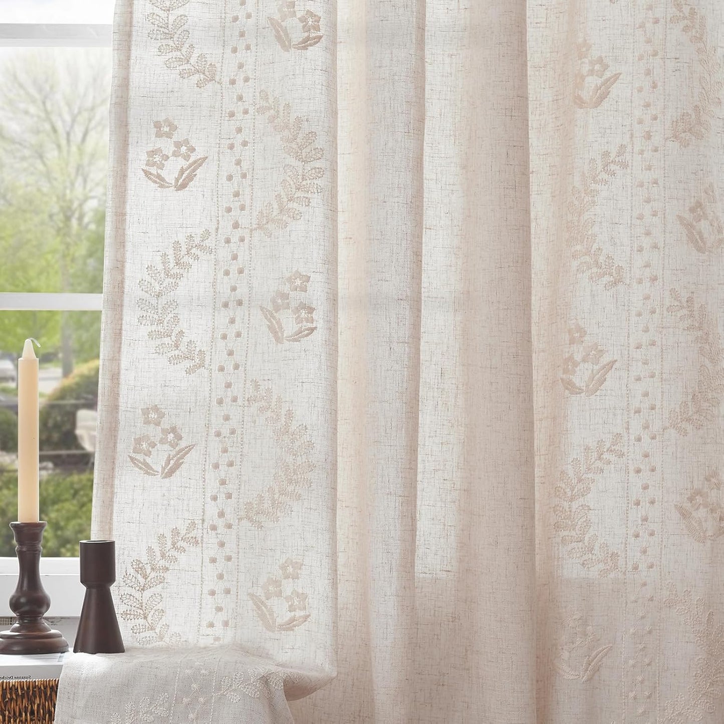 Floral Linen Blend Curtains for Bedroom and Living Room Decor