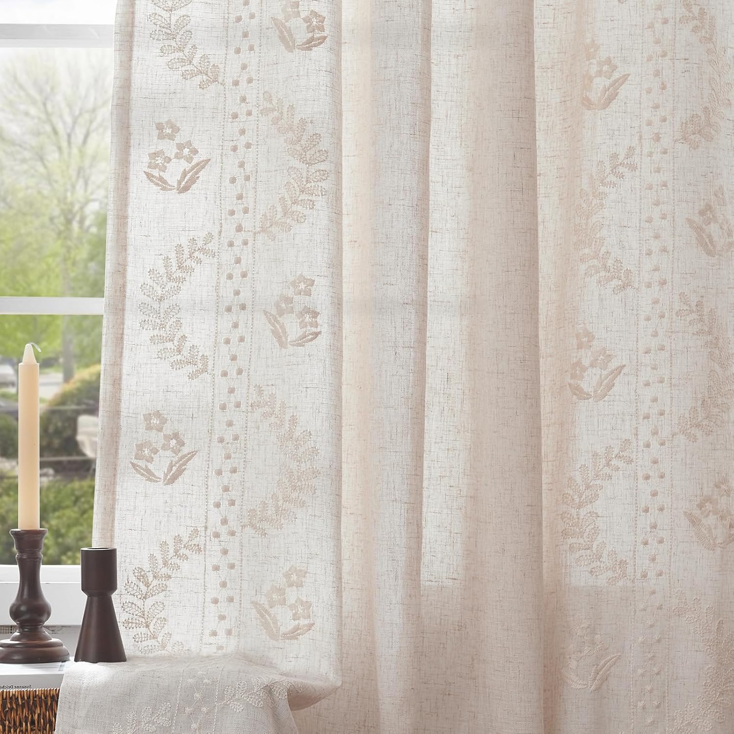 Floral Linen Blend Curtains for Bedroom and Living Room Decor