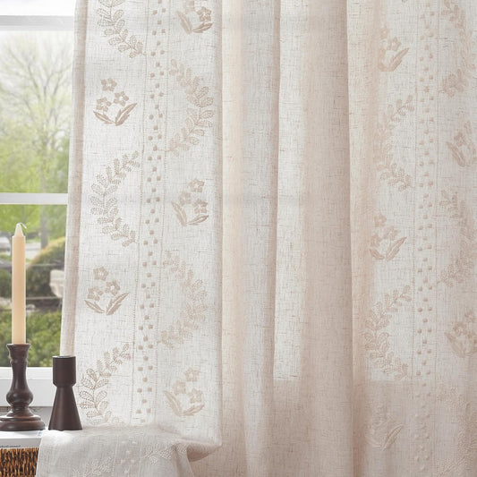 Floral Linen Blend Curtains for Bedroom and Living Room 96 Inch