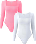 OQQ Women's Ribbed Square Neck Long Sleeve Bodysuits - 2 Pack 10%