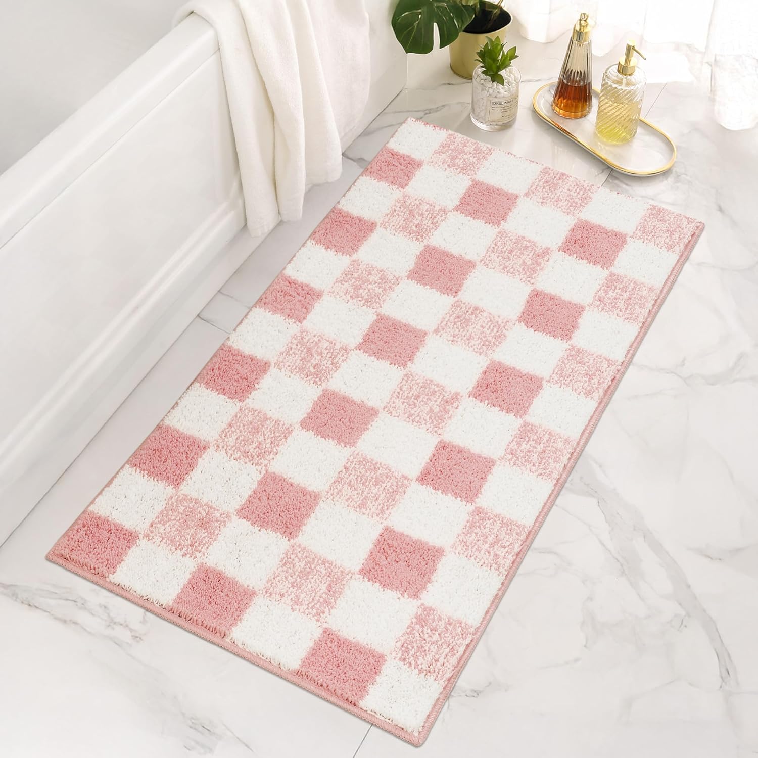 Checkered Pink Bathroom Rugs Decor for a Cozy Touch