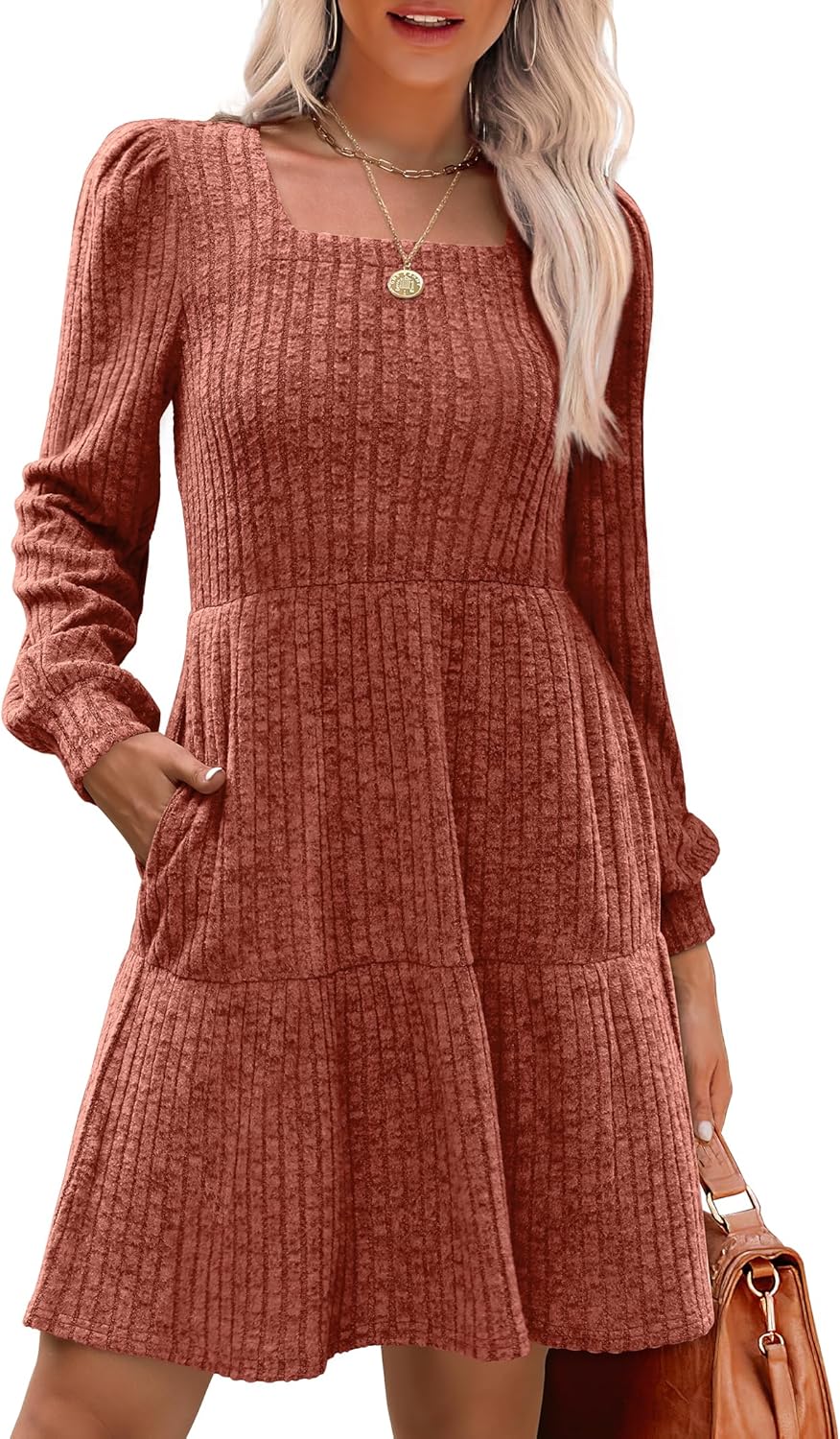 Stylish Womens Square Neck Long Sleeve Fall Dresses Casual Wear