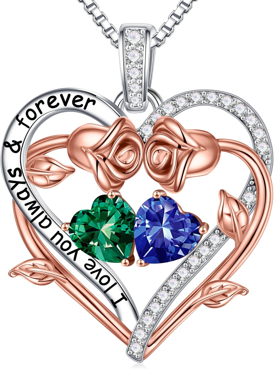 Rose Heart Double Birthstone Necklace for Women, Unique Gift