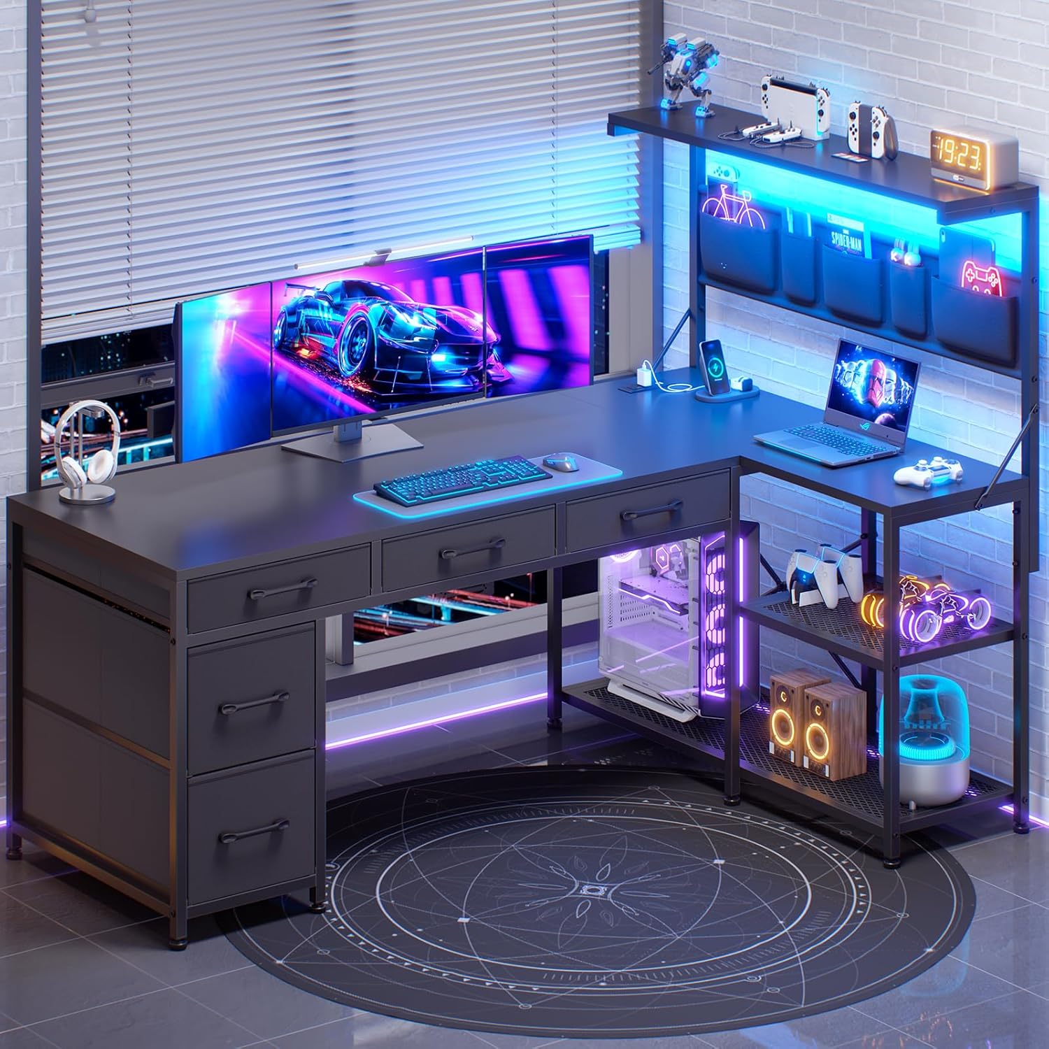 SEDETA L Shaped Gaming Desk with LED Lights and Storage Options
