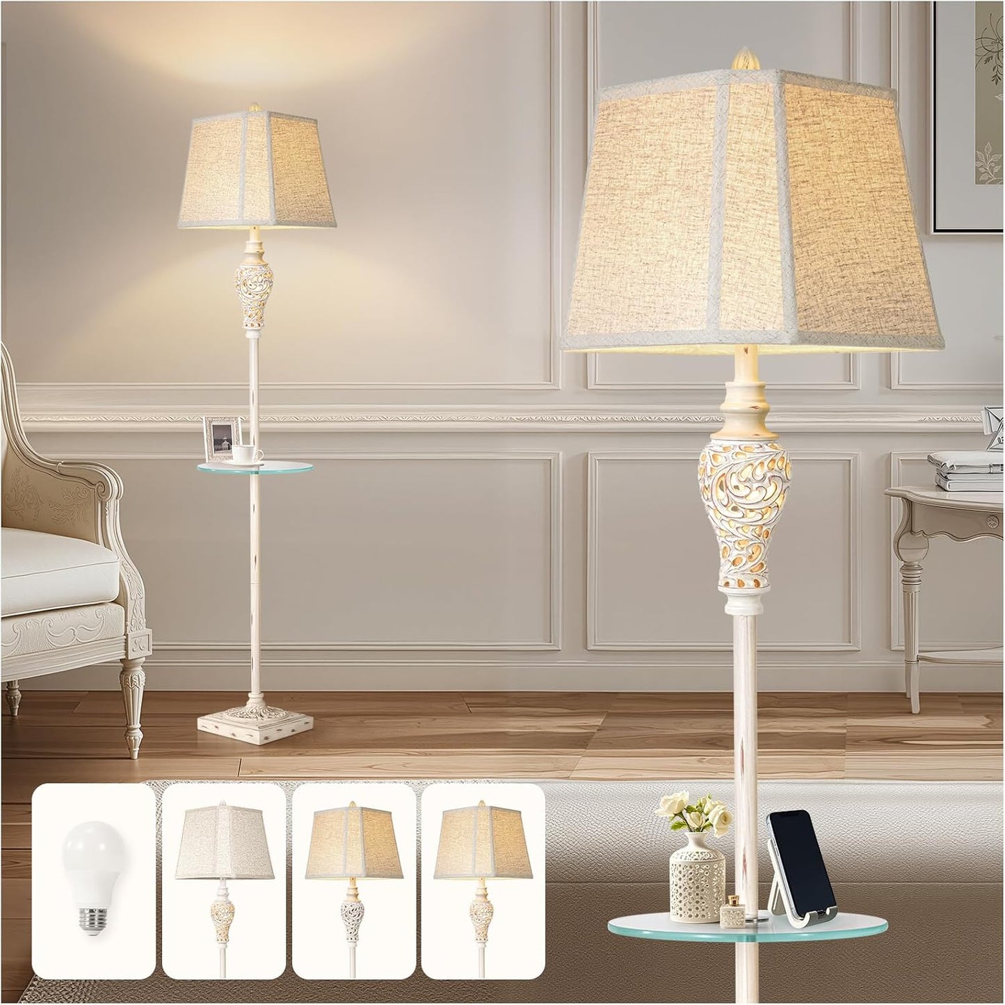 Vintage Floor Lamp with Nightlight and Glass Tray for Home