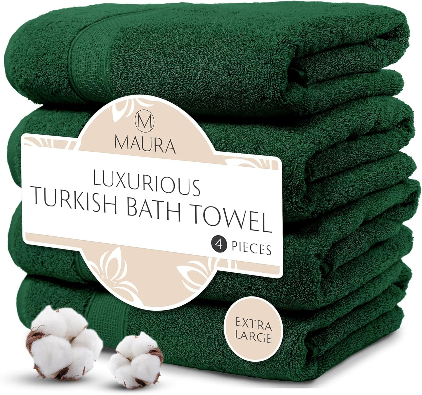 Extra Large Turkish Cotton Bath Towels Set of 4 in Dark Green