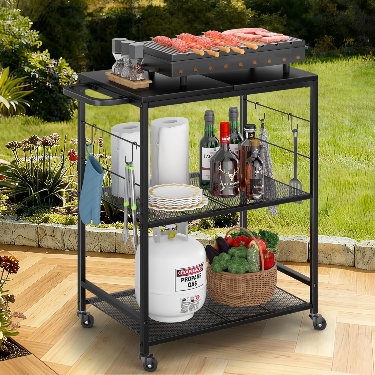 3-Tier BBQ Food Prep Rolling Table Cart for Outdoor Cooking