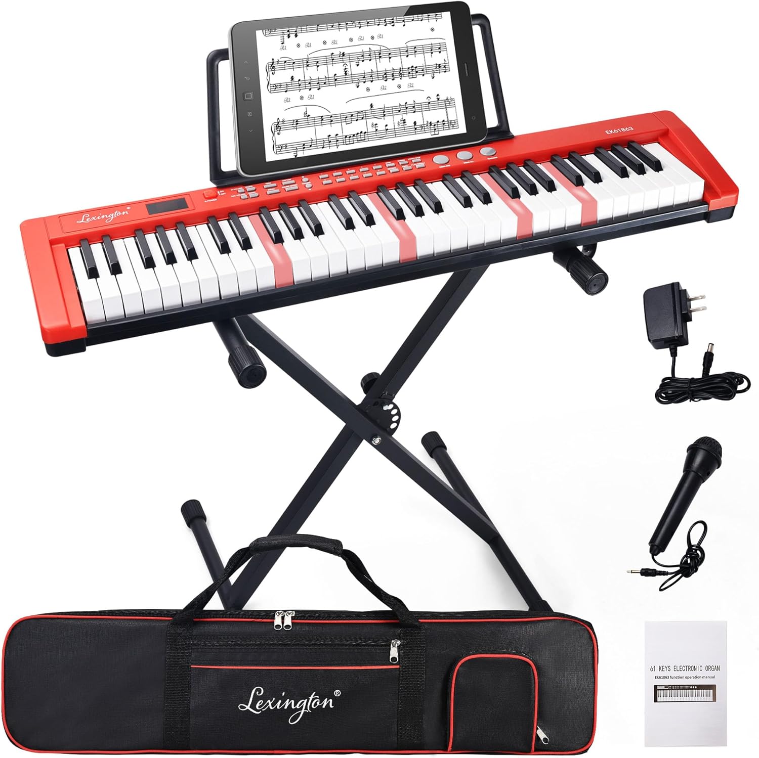 Portable Red Piano Keyboard Set, Lighted Keys, Teaching Modes