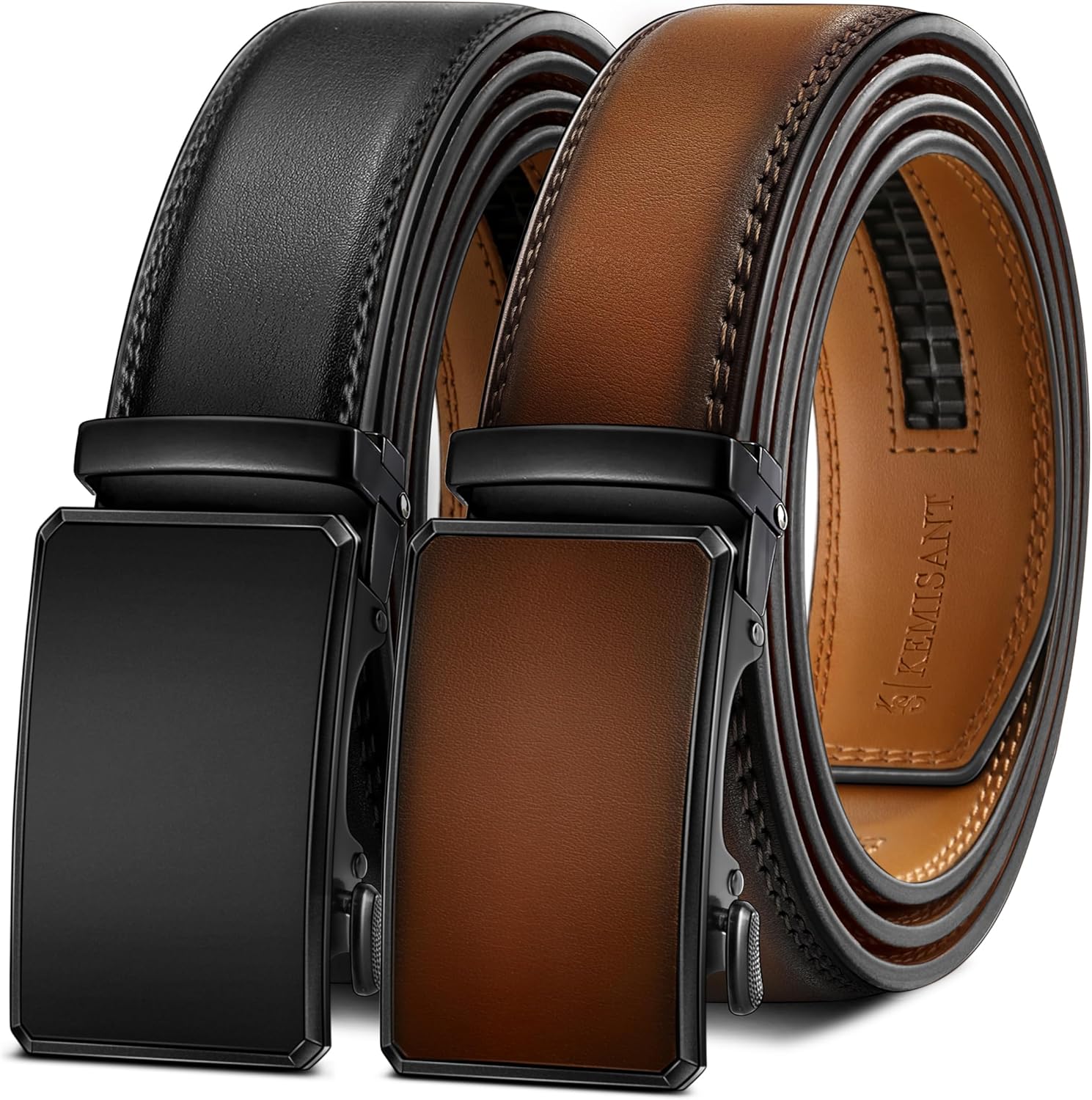 KEMISANT Men Belt 2 Pack - Customizable Leather Ratchet Belts