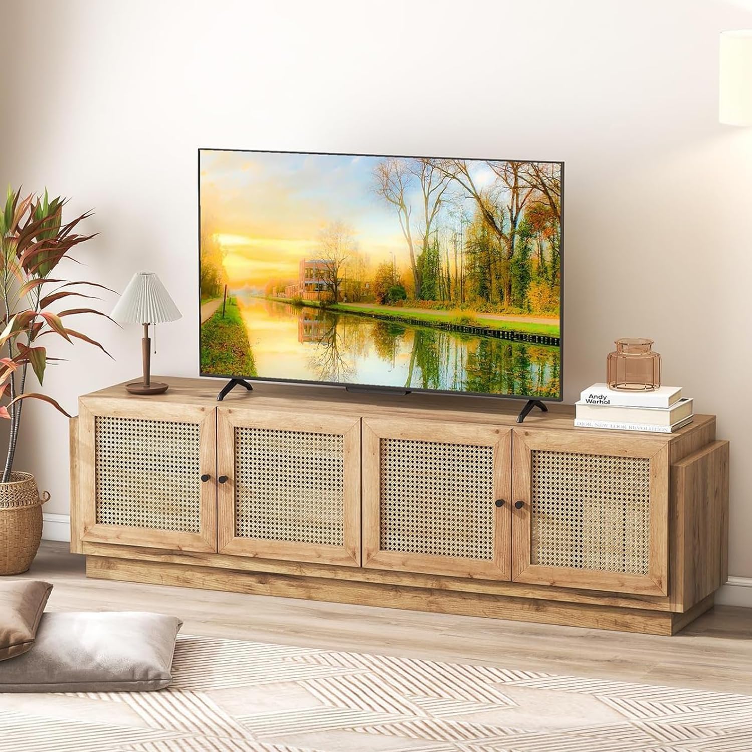 Mid Century Modern TV Stand with 4 Doors & Adjustable Shelves