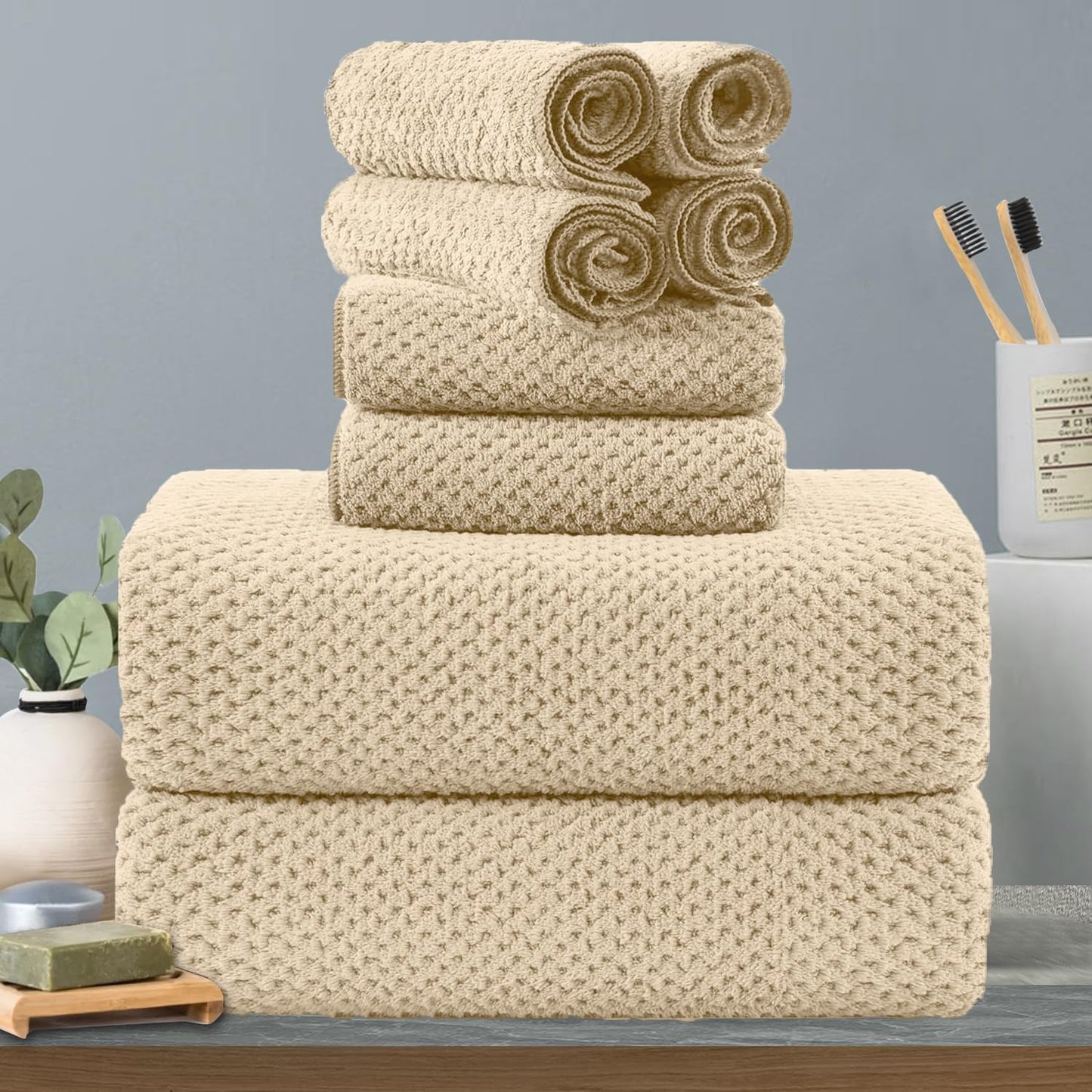 8-Piece Beige Bath Towels Set for Luxurious Comfort and Absorbency