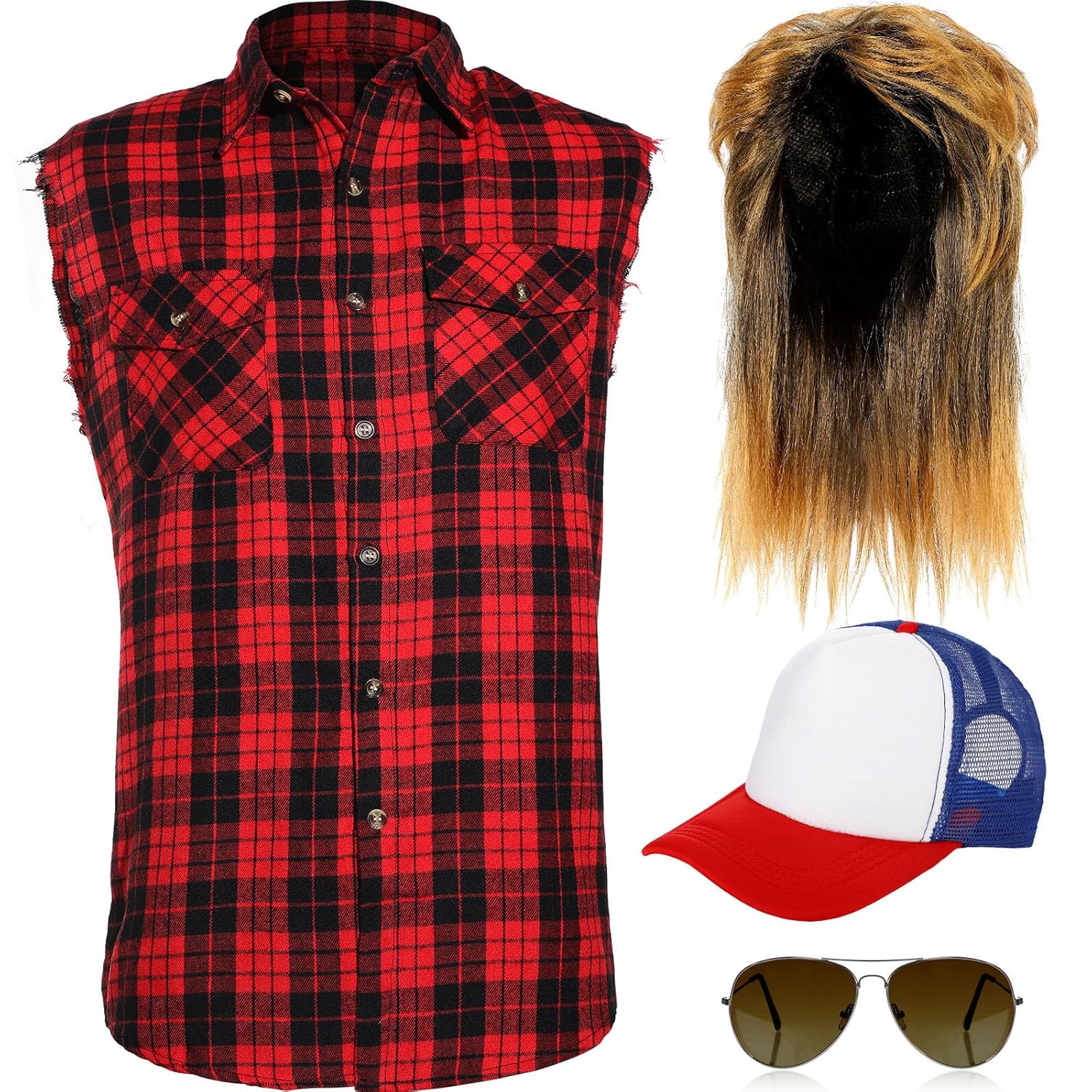 Retro 80s Costume for Men with Mullet Wig and Accessories
