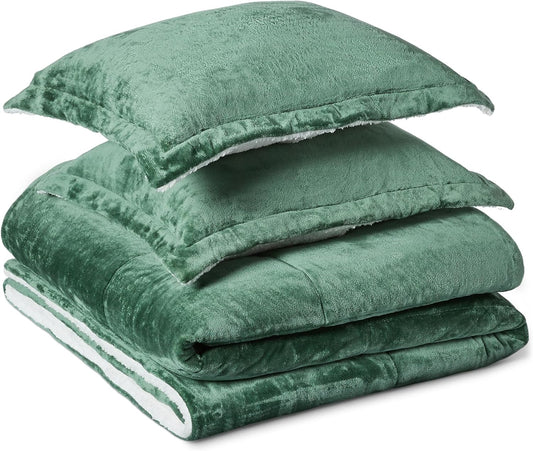 Reversible Sherpa Comforter Set with Pillow Sham in Green
