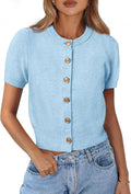 Womens Short Sleeve Cropped Cardigan - Lightweight Crew Neck Knit