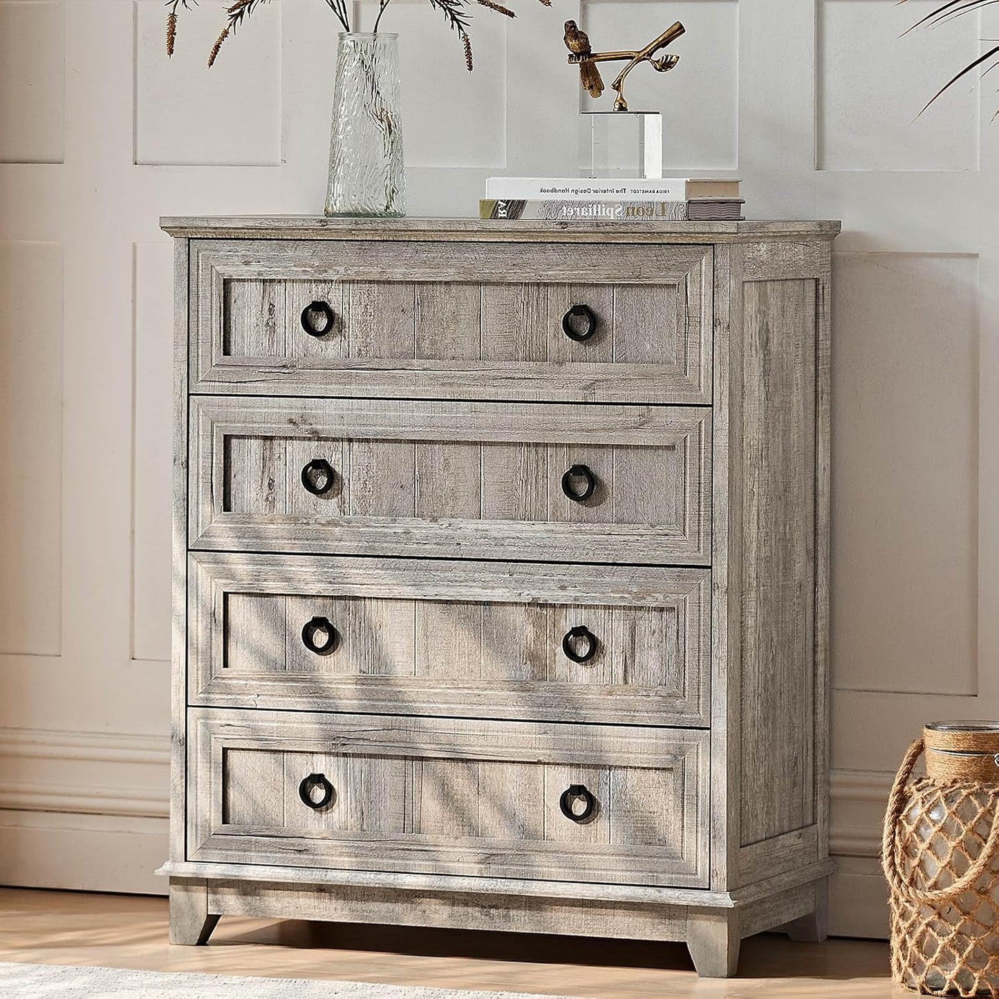 6 Drawer Dresser for Bedroom with Farmhouse Aesthetic Design