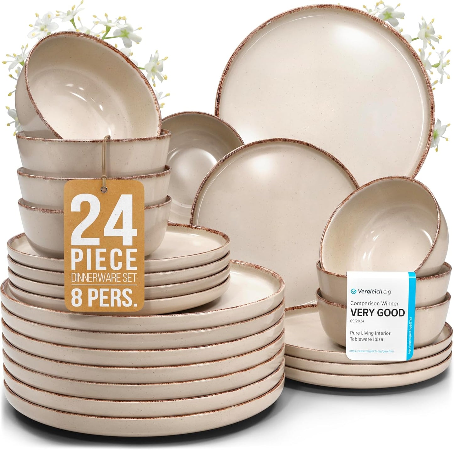 Rustic Stoneware Dinnerware Set for 8 - 24 Pcs in Beige