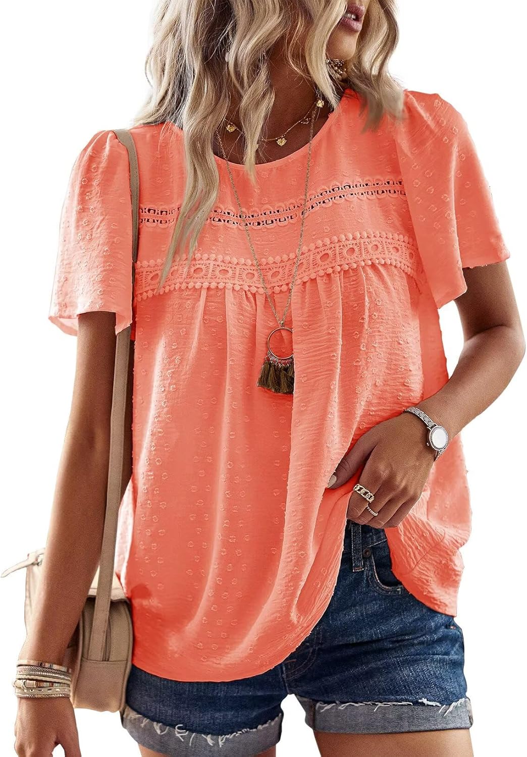 Womens Summer Tops Crewneck Short Sleeve Casual Chiffon Blouses