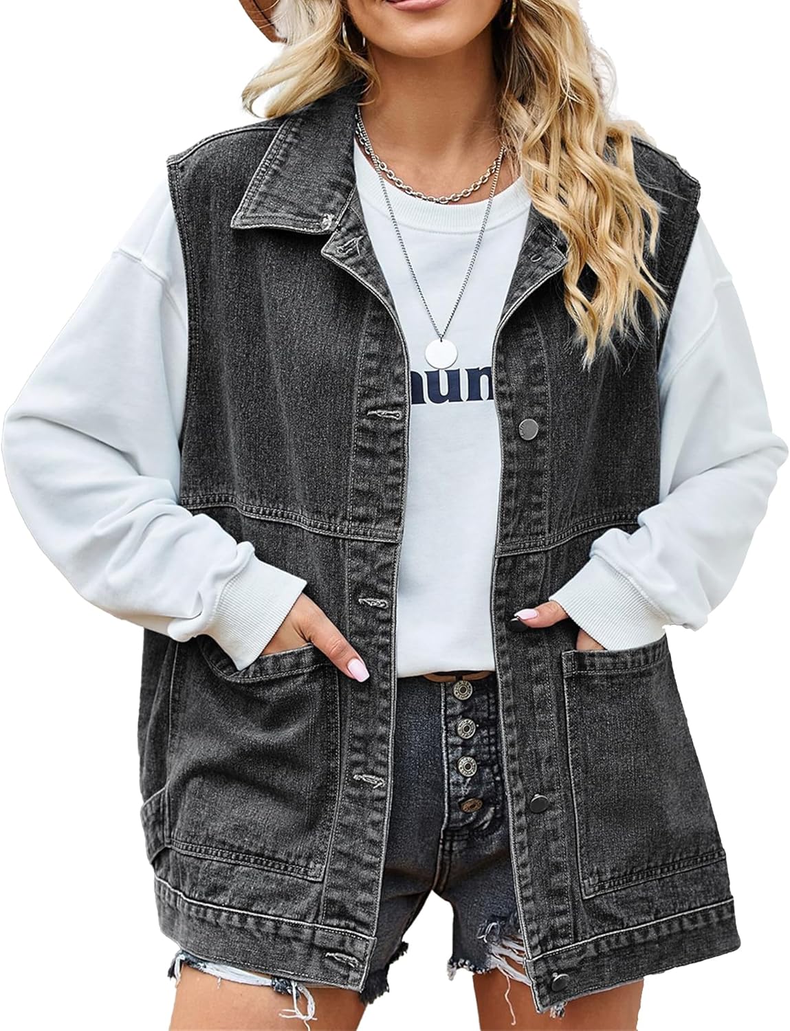 Oversized Denim Vest for Women - Stylish Mid Long Jean Jacket