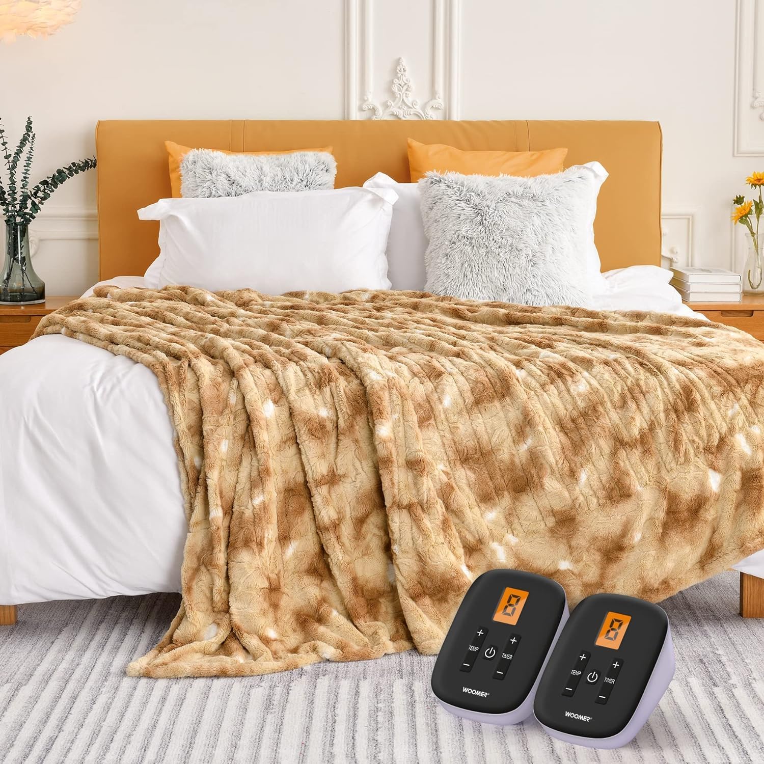 WOOMER Heated Blanket Queen Size with Dual Controllers and Timer