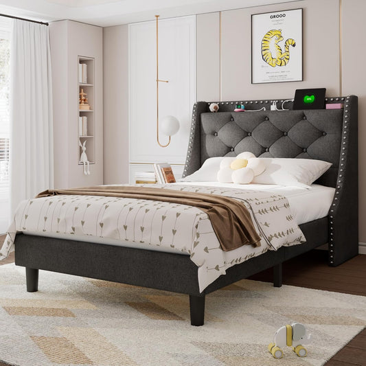 Feonase Twin Bed Frame with Luxury Wingback and Charging Station