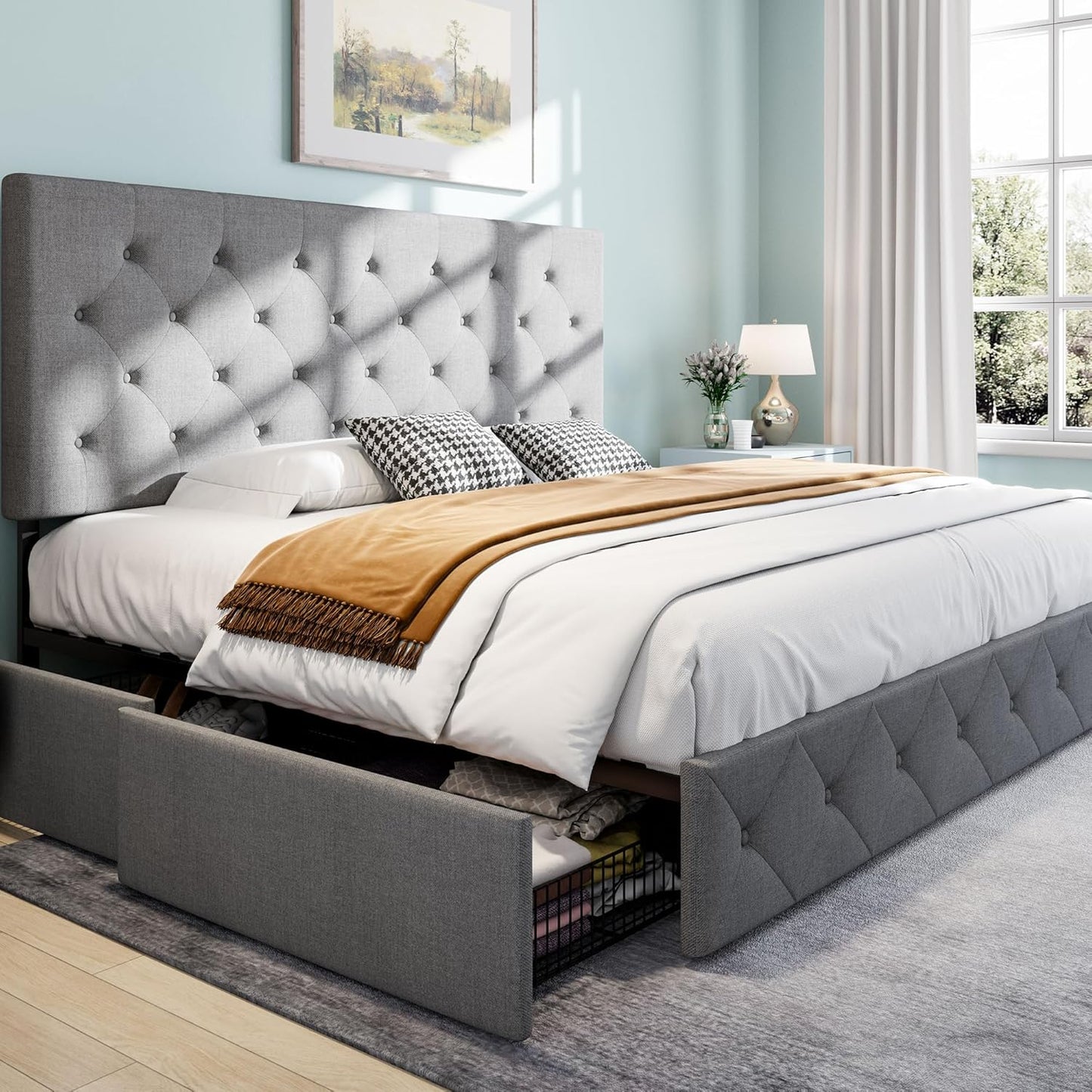 SHA CERLIN Upholstered King Size Platform Bed Frame with Storage
