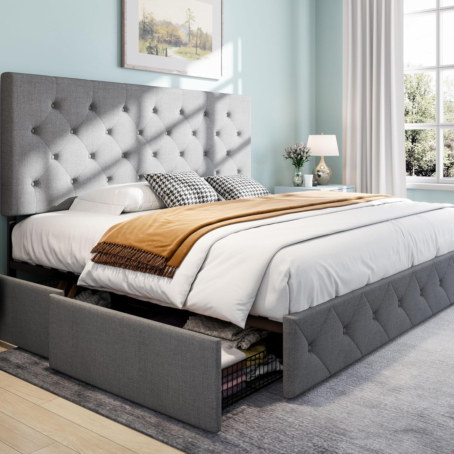 SHA CERLIN Upholstered King Size Platform Bed Frame with Storage