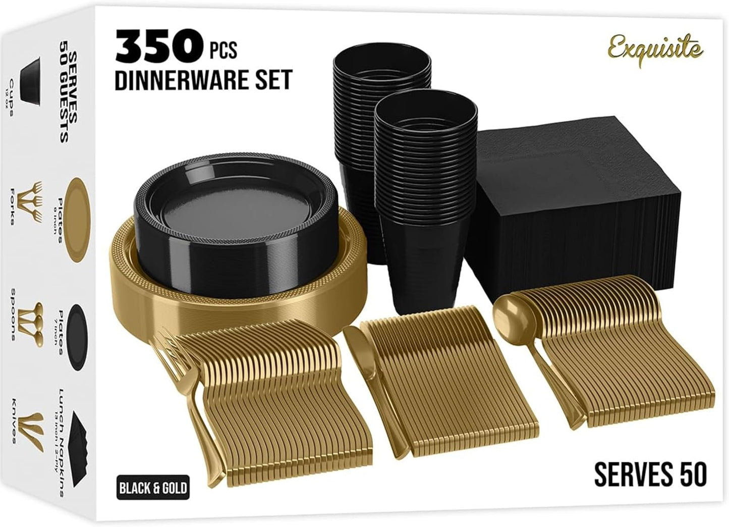 350 Pcs Black & Gold Plastic Plates Set for Any Occasion