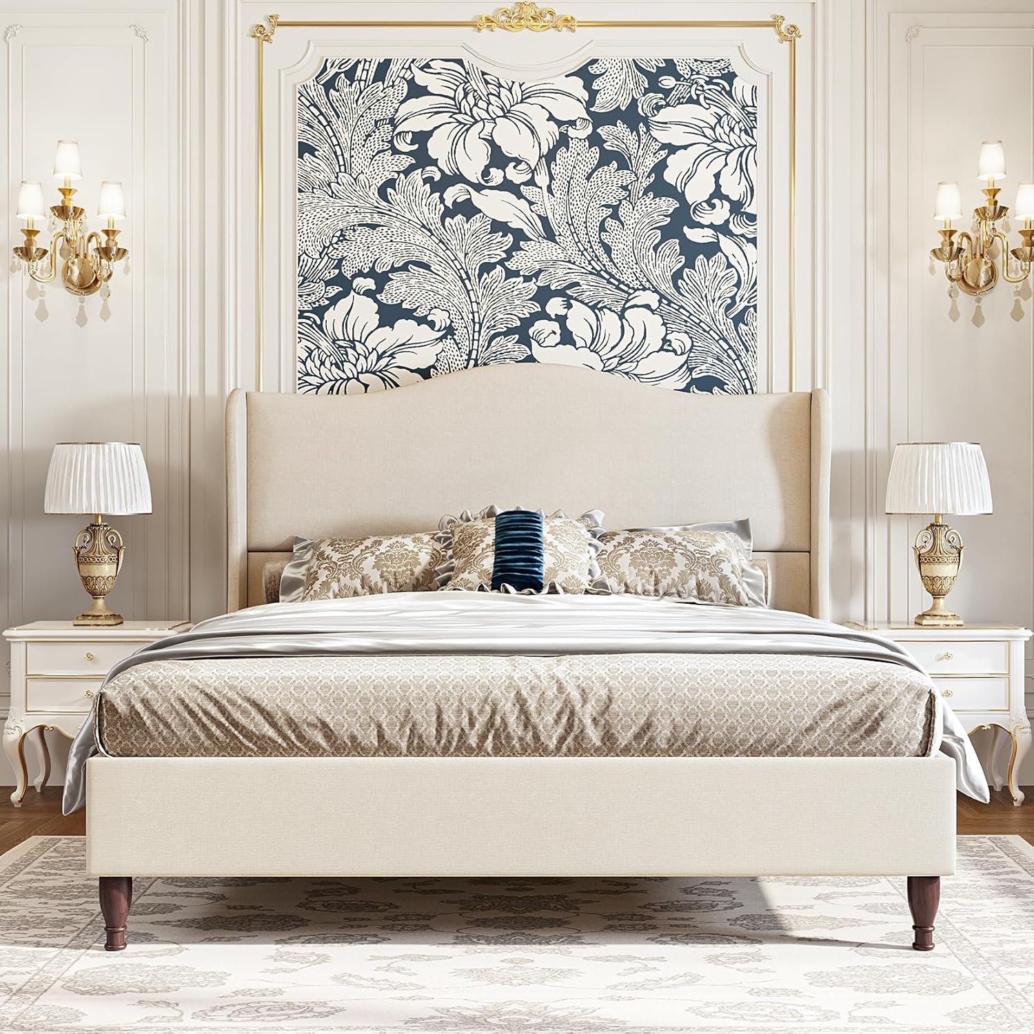 Koorlian Queen Size Bed Frame with 51in Tall Wingback Headboard
