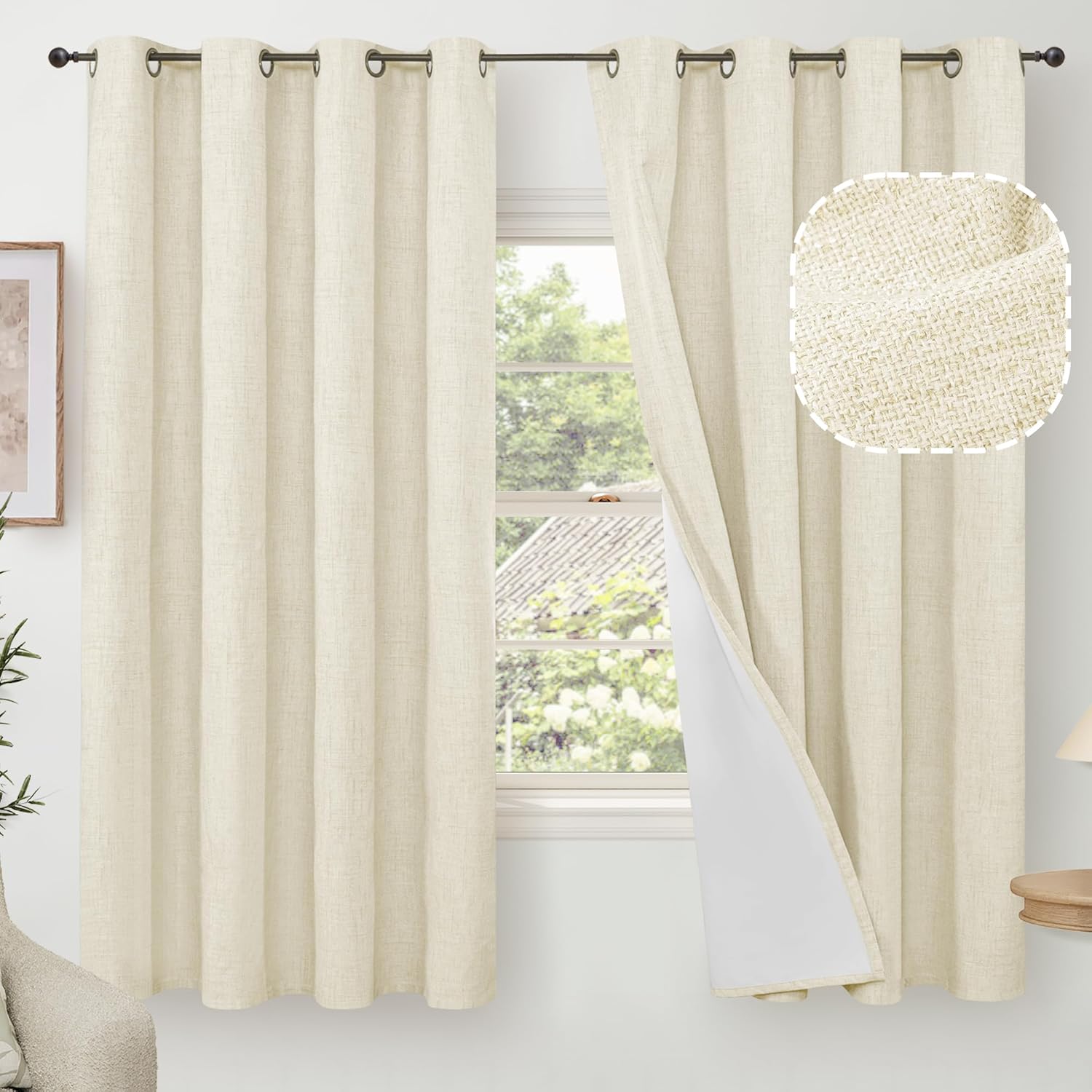 60 Inch Wide Linen Blackout Curtains for Bedroom - Total Blackout