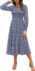 Zattcas Womens Fall Dresses Long Sleeve Smocked Midi Dress
