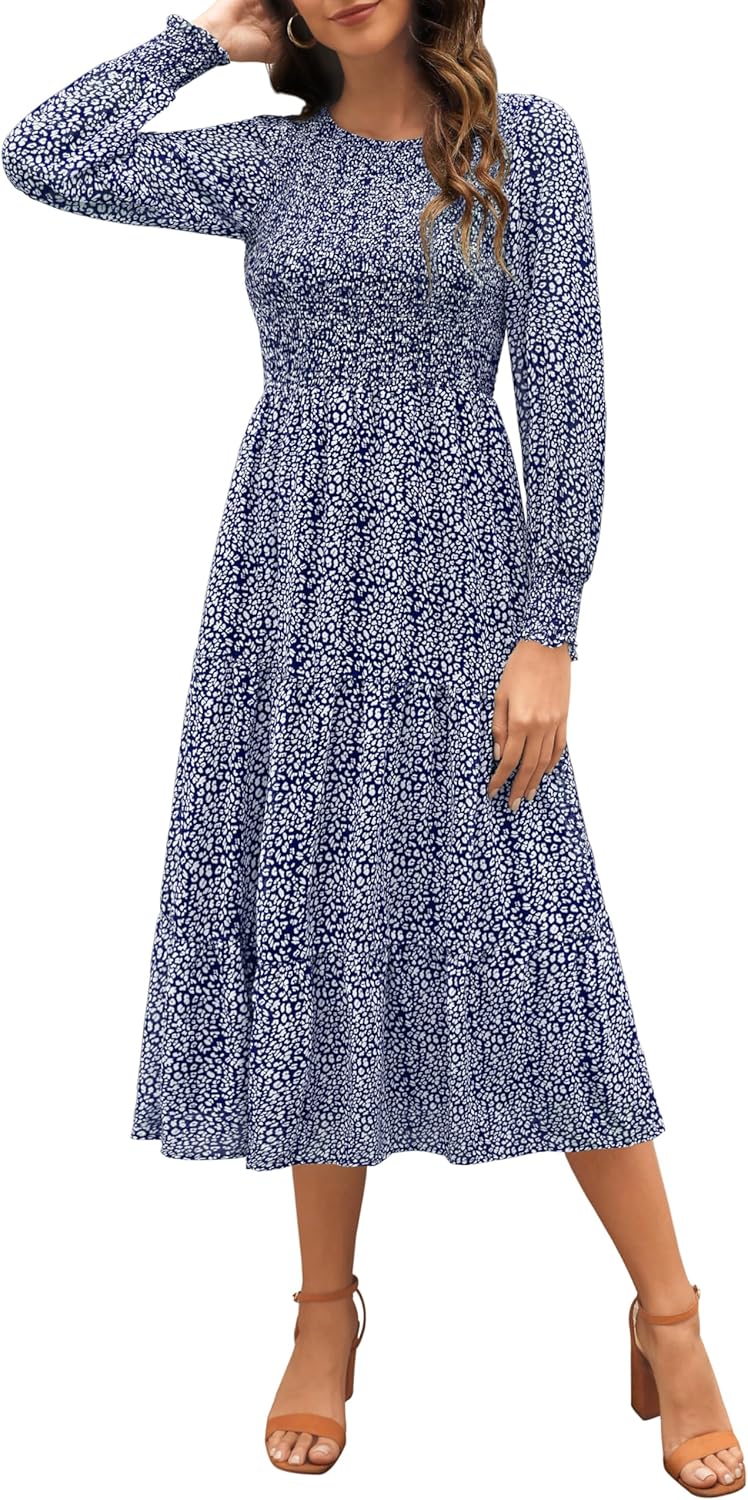 Zattcas Womens Fall Dresses Long Sleeve Smocked Midi Dress