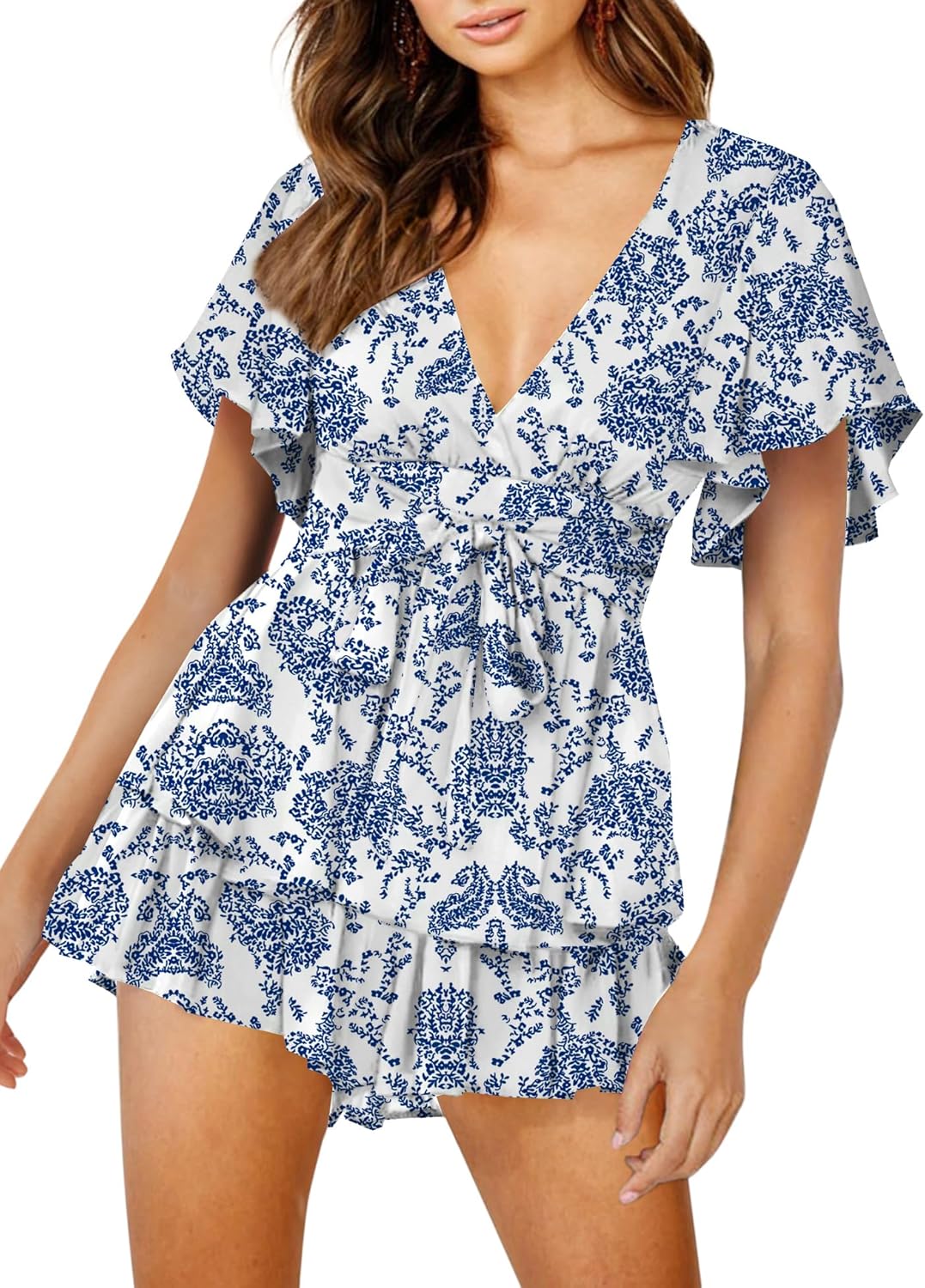 Floral Print Deep V-Neck Romper with Ruffle Hem for Summer
