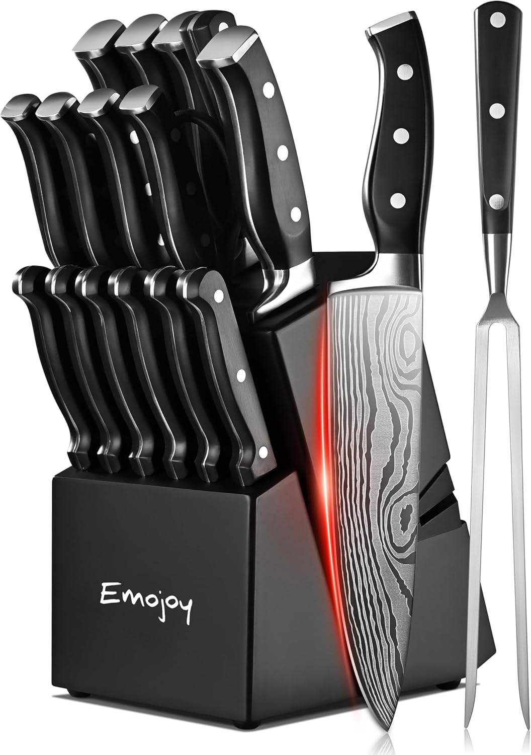 Emojoy 18-Piece Knife Set with Block and Built-in Sharpener