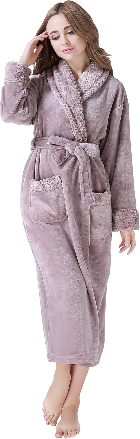 Women's Plush Soft Warm Fleece Bathrobe Robe RH1591 for Comfort