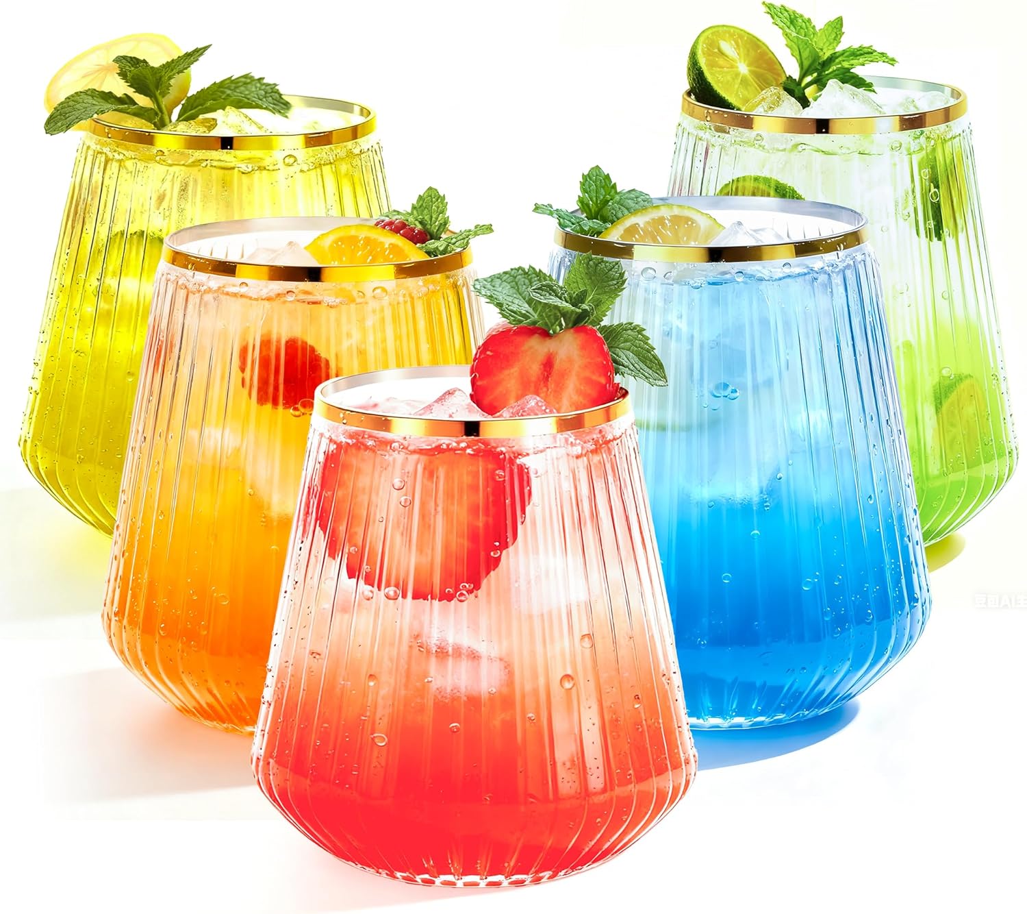 36 Pcs 12 oz Plastic Gold Rim Ribbed Wine Glasses for Events