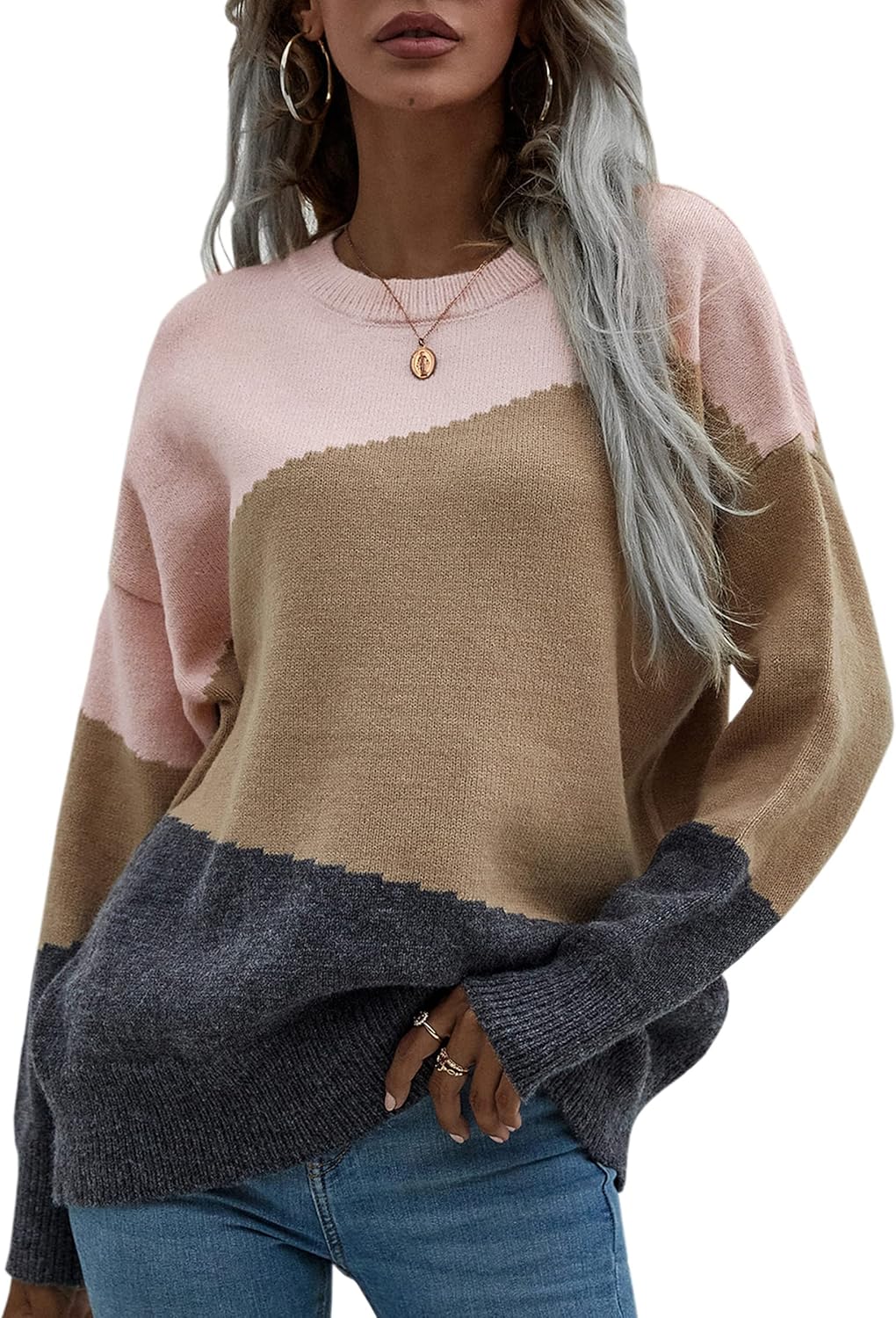 ECOWISH Women Sweater Long Sleeve Color Block Knit Pullover